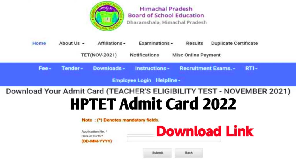HPTET Admit Card 2022 Download Link ~ Hptet Hall Ticket @hpbose.org