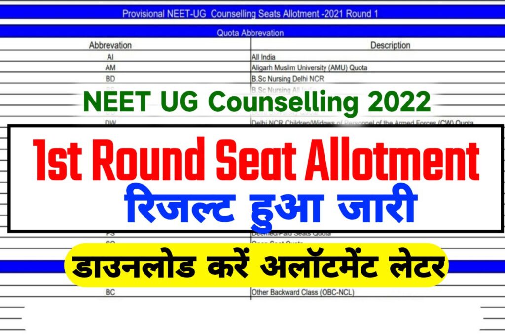 NEET UG Seat Allotment Result 2022 ~ @mcc.nic.in 1st Round Seat Allotment Result 2022