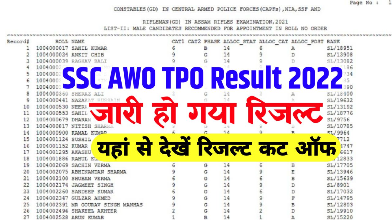 SSC AWO TPO Result 2022 Direct Link (रिजल्ट जारी), Cut Off, Merit List @ssc.nic.in