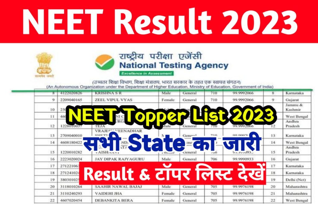 NEET Topper List 2023, Check UG List, Name, and Marks at neet.nta.nic.in