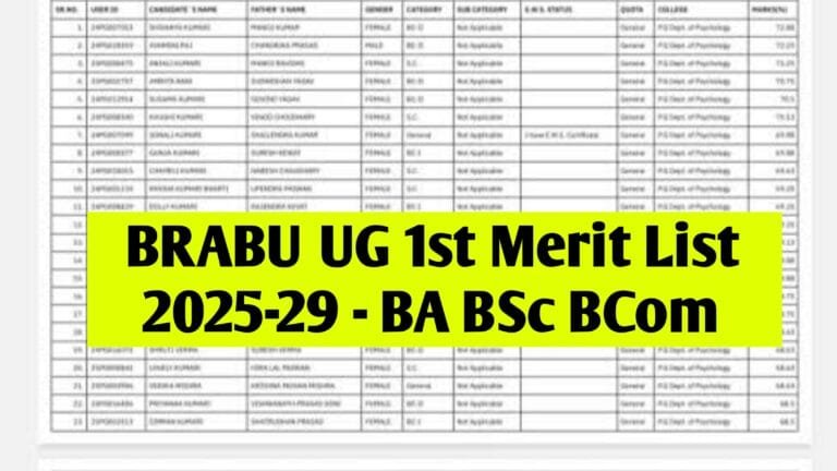 BRABU UG 1st Merit List 2025-29 : Bihar University Graduation Admission Merit List (BA/ BSc/ BCom), Download Allotment Letter